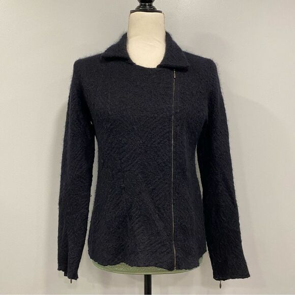 EILEEN FISHER S Black Cats Mohair Moto Sweater Jacket Asymmetrical Zip: Flaw - Picture 2 of 16